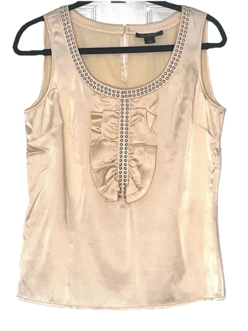 St. John Silk Tank top Cream Ruffle with Stud Trim Size S